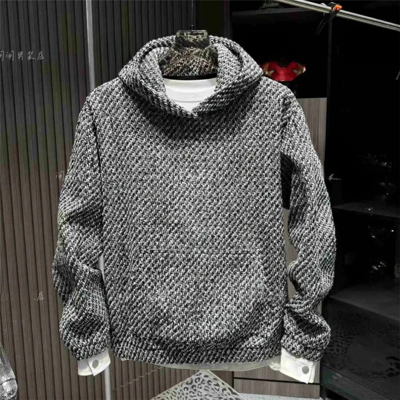 秋冬新款重磅小香风编织连帽卫衣男潮流时尚宽松百搭休闲套头上衣