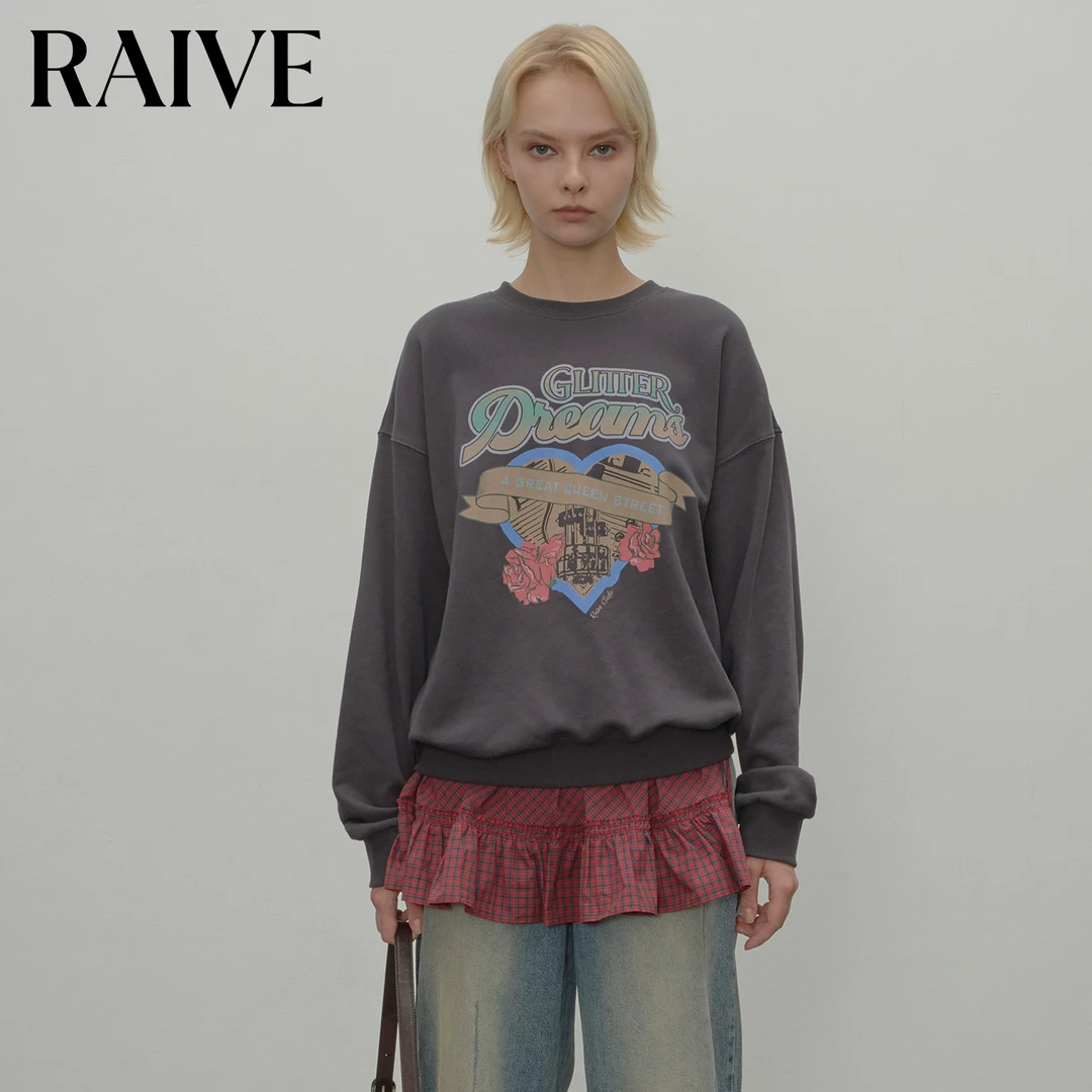 【RAIVE】2025秋冬新款宽松落肩字母飘带爱心印花全棉圆领套头卫衣