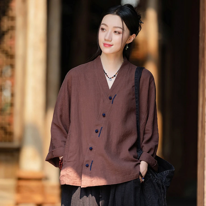25春季新款棉麻复古V领手工缝线上衣女斜襟盘扣亚麻短款外套