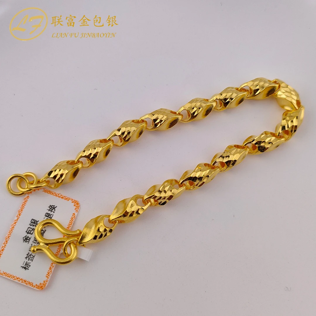 足银手链 骑士手链 铸厚金 时尚熔岩中古环环相扣金手链素款