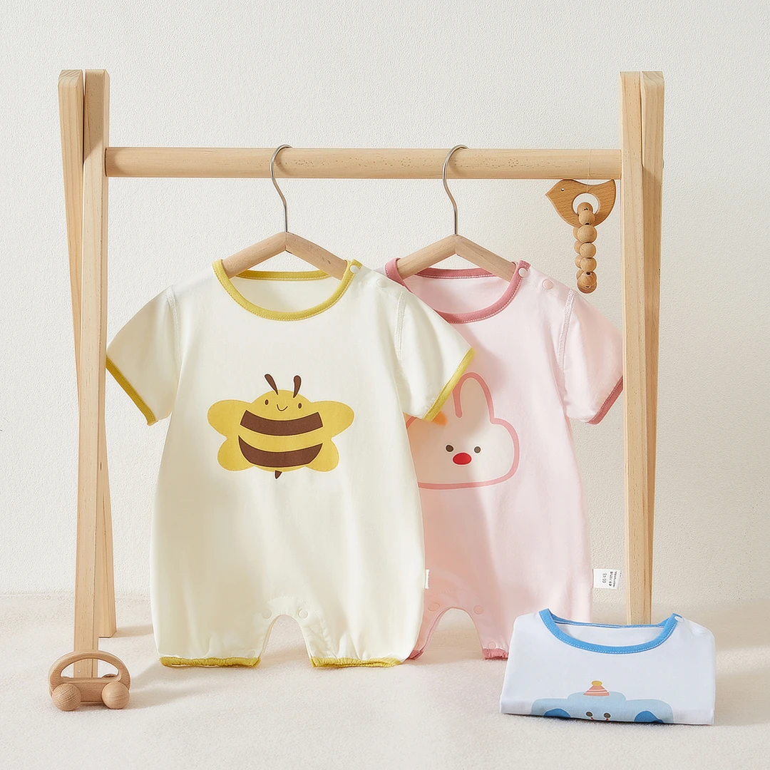 婴儿衣服夏款薄款纯棉a类新生儿无骨造型款短袖哈衣宝宝哈衣