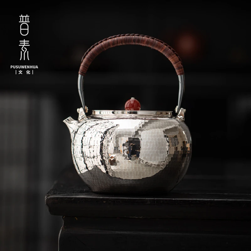 石建老师1L鸣泉壶 手工一张打足银壶999烧水壶提梁壶高端茶器