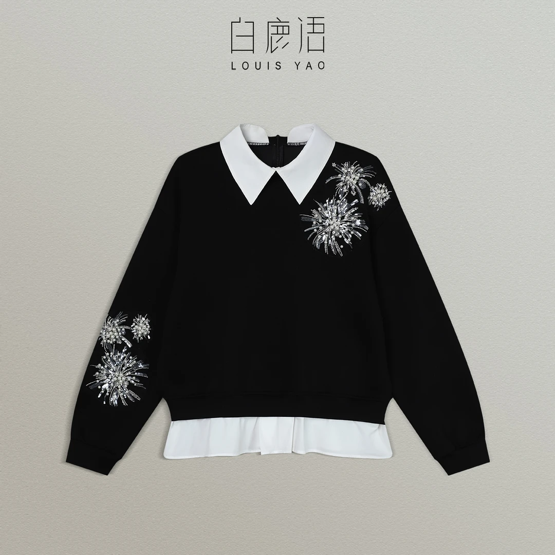 DY【商场同款新品】白鹿语翻领亮片装饰假两件女式卫衣（播）BY50105