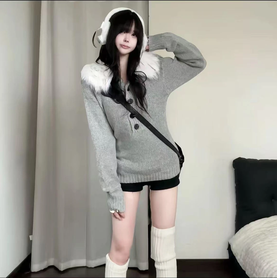 美式辣妹可拆卸毛领亨利领毛衣女秋季新款韩系收腰连帽针织衫上衣