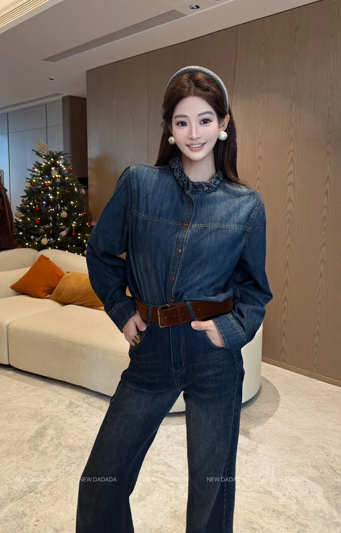 利达 NEW DADADA 复古牛仔衬衫宽松长袖时尚休闲修身上衣YBM3989