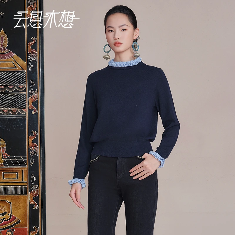 Ysimo-X云思木想 瑶夜飞花 羊毛套头领口撞色花边毛针织衫14164