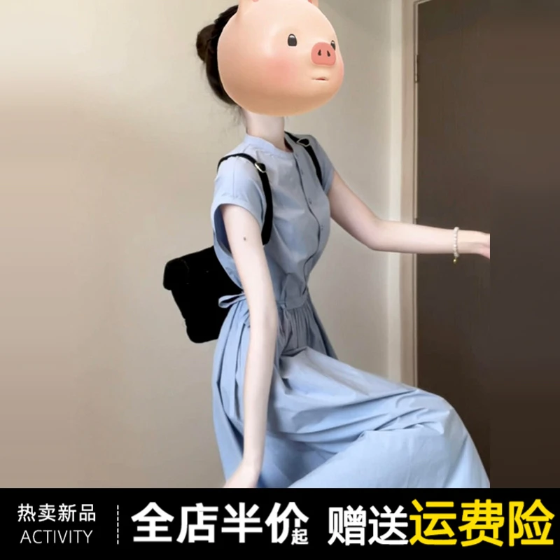 学院风蓝色衬衫连衣裙子女夏季2025新款流行爆款教资面试穿搭长裙