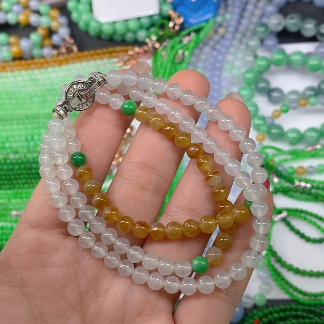 颈饰未镶嵌翡翠缅甸天然翡翠冰种三彩项链5.6