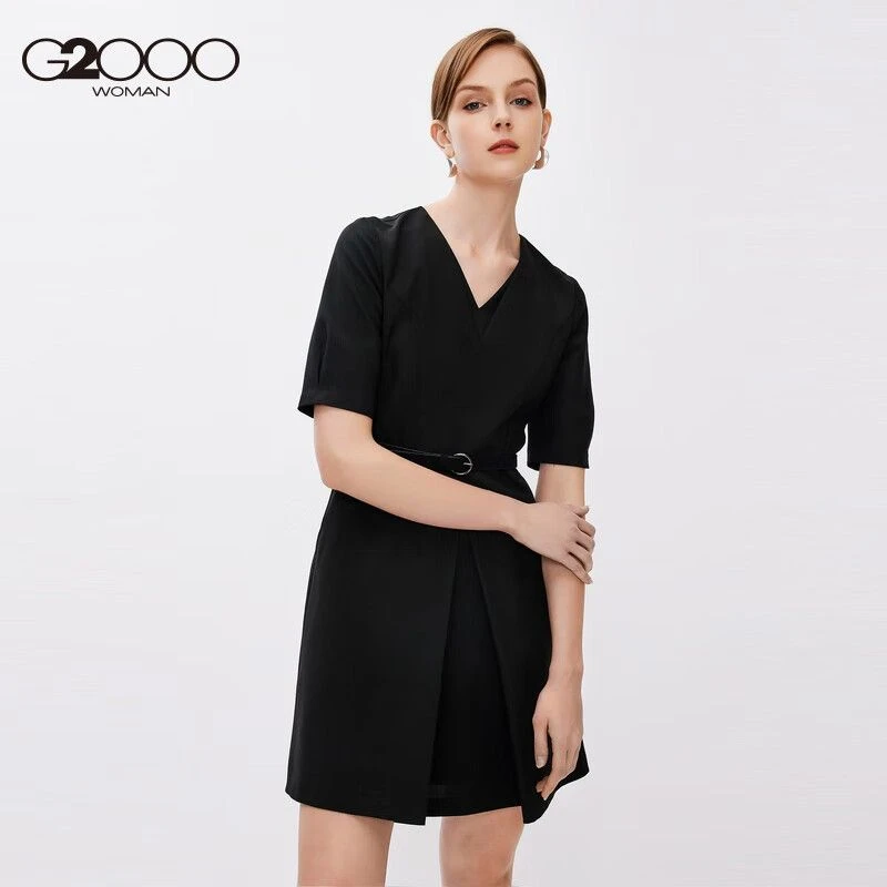 G2000女装春季新款V领收腰气质短袖职业通勤百搭连身裙