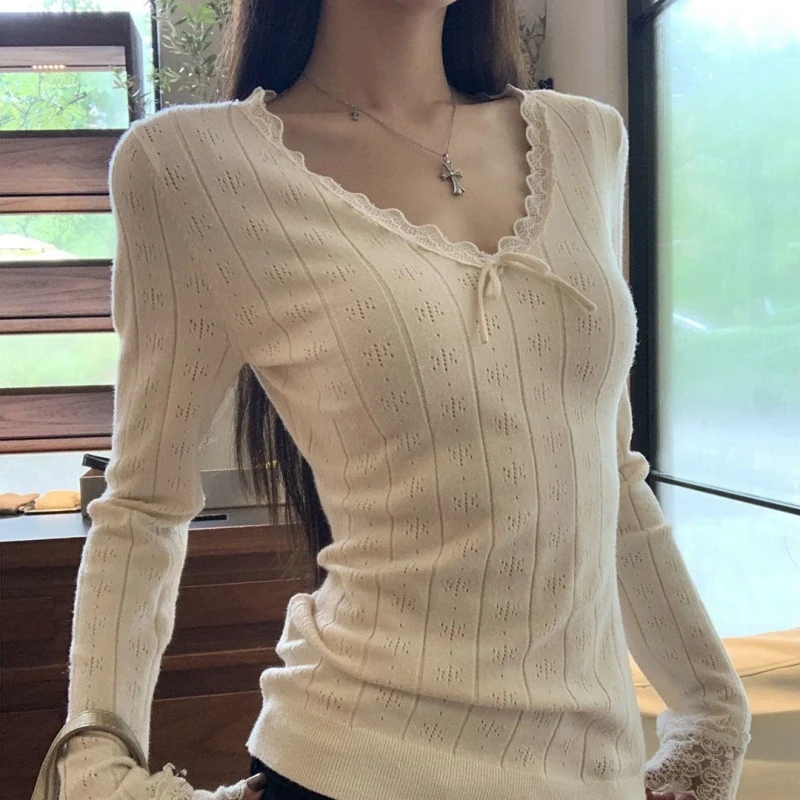 长袖针织蝴蝶结秋季薄款毛针织衫女装设计感洋气上衣女2025新款