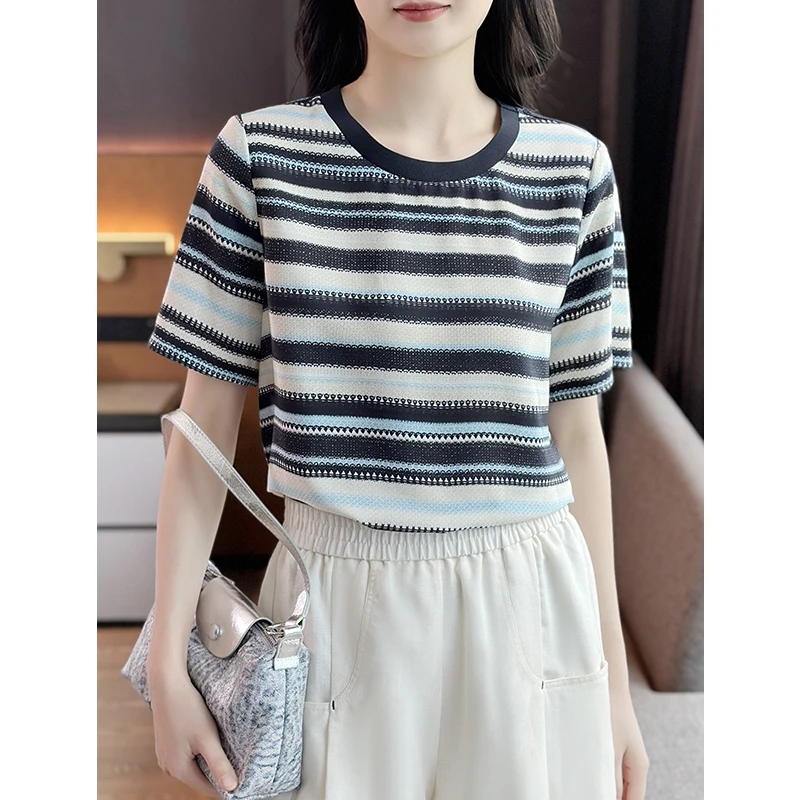 左左家 高奢福利款~条纹间色印花双绉真丝圆领短袖桑蚕丝T恤上衣