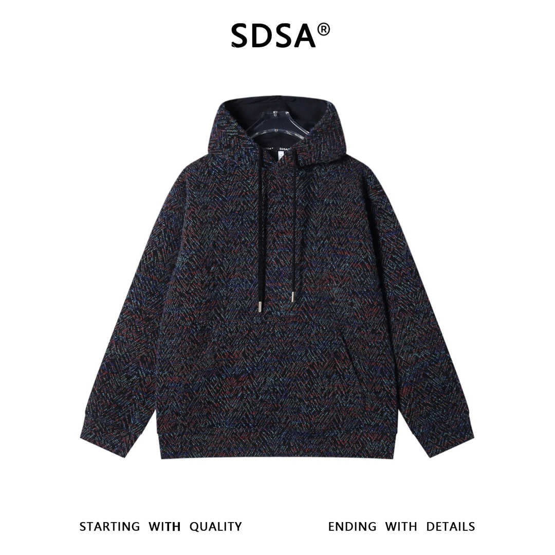 SDSA男士秋冬新款痞帅男装宽松潮流彩色提花绒毛抽绳连帽卫衣百搭
