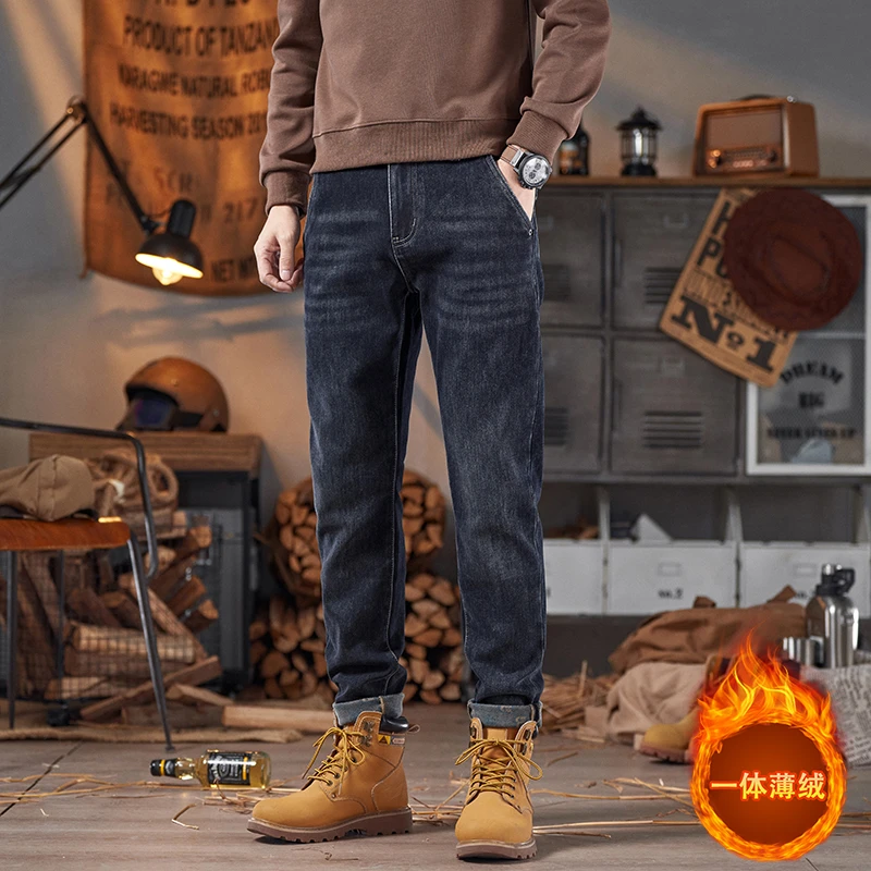 秋冬厚款抓绒牛仔裤蓝黑色斜口袋男裤微弹修身小直筒休闲百搭男装