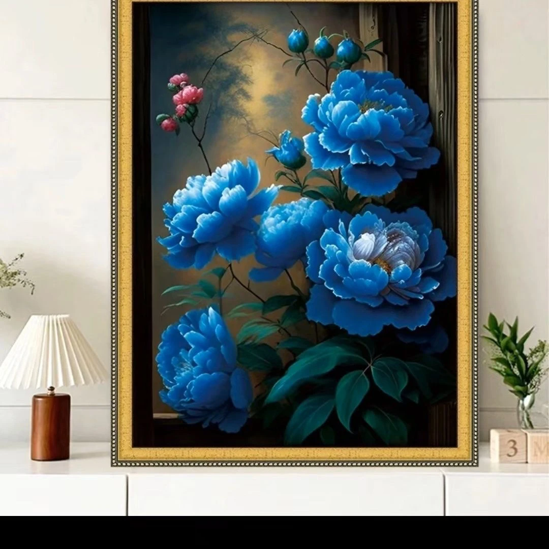 新款蓝色牡丹十字绣简单典雅适合新手装饰客厅卧室手工自己绣满绣