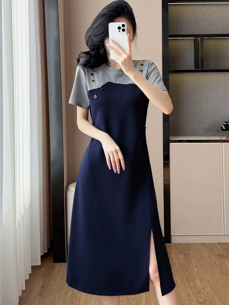 假两件撞色拼接短袖连衣裙女轻奢气质显瘦中长裙2025夏季新款女装