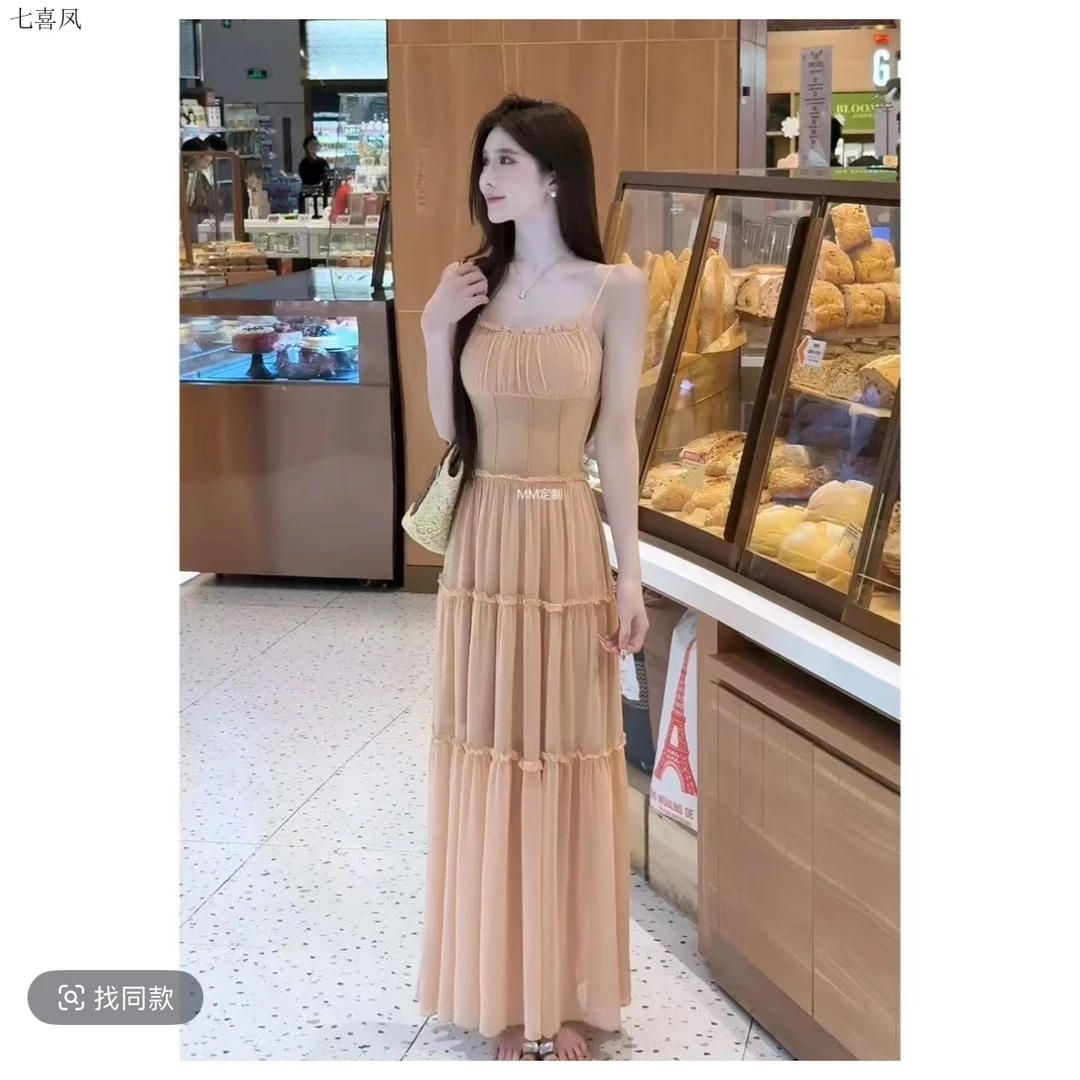 初恋轻氧感淡颜粉调捏褶木耳边显瘦连衣长裙两件套82