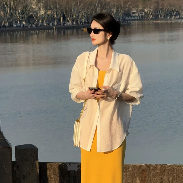 2025夏季海边度假冷淡风高级感连衣裙两件套防晒衬衫上衣女套装潮