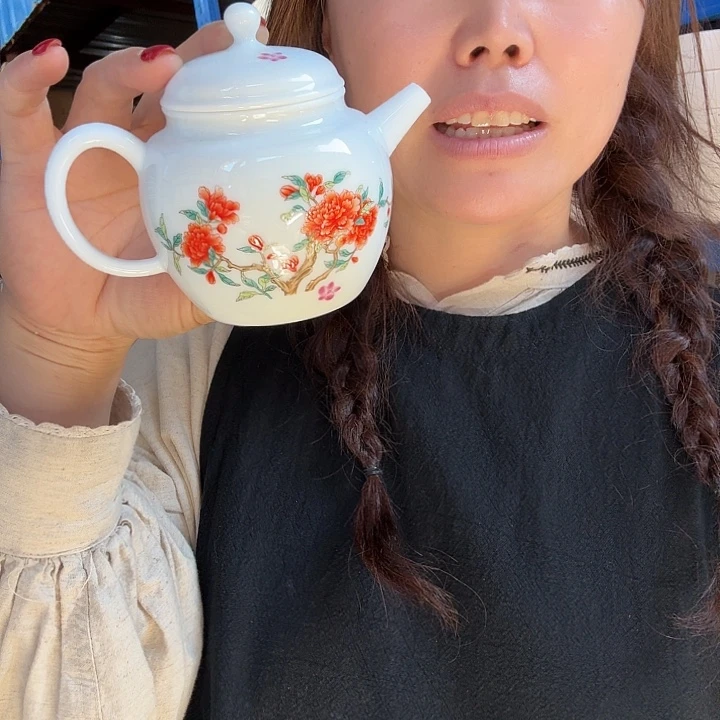 羊脂玉瓷红色芍药茶壶