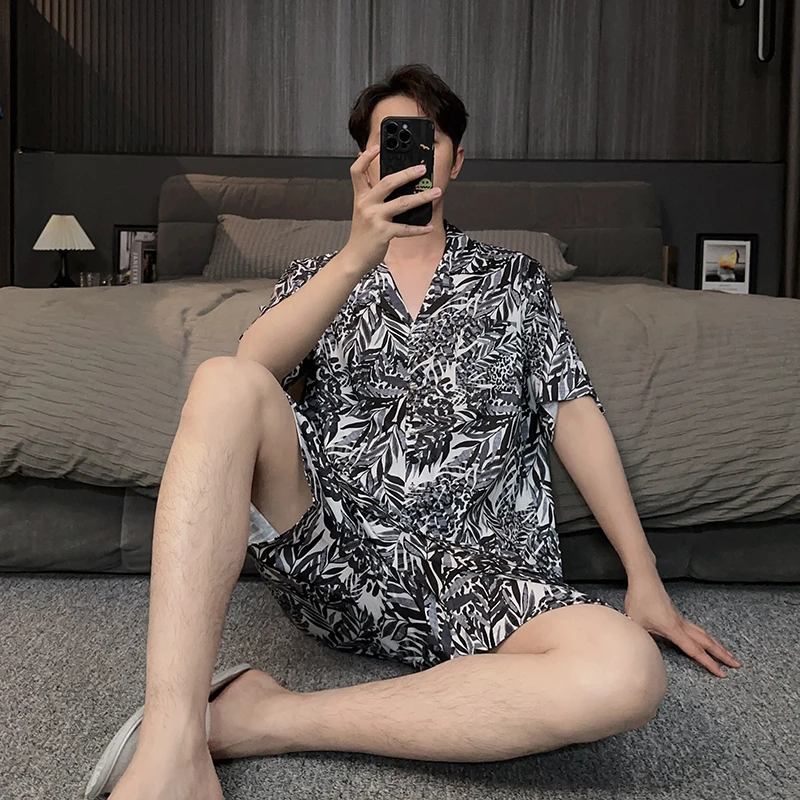 可外穿男士冰丝睡衣夏天薄款短袖短裤大码宽松夏季家居服休闲套装