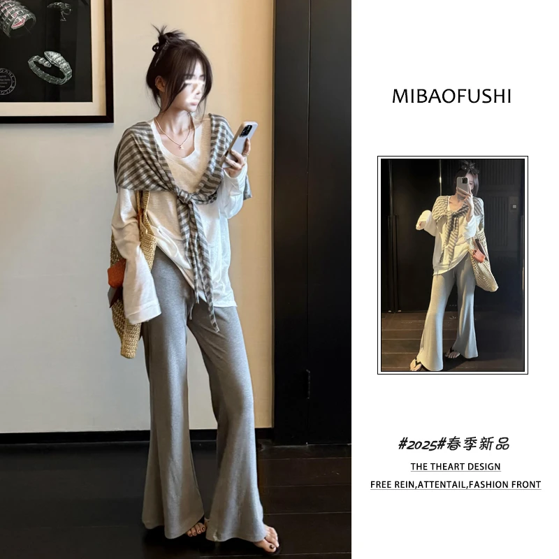 【现货】秋季穿搭一整套2025新款韩系条纹披肩长袖上衣微喇裤三件套