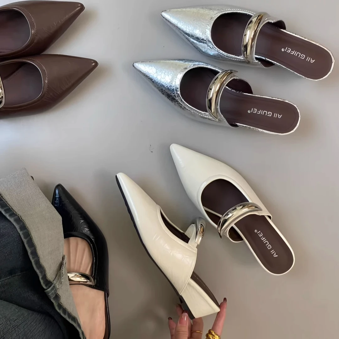 气质尖头金属一字带包头半拖鞋2025新款坡跟高跟穆勒鞋厚底女凉鞋
