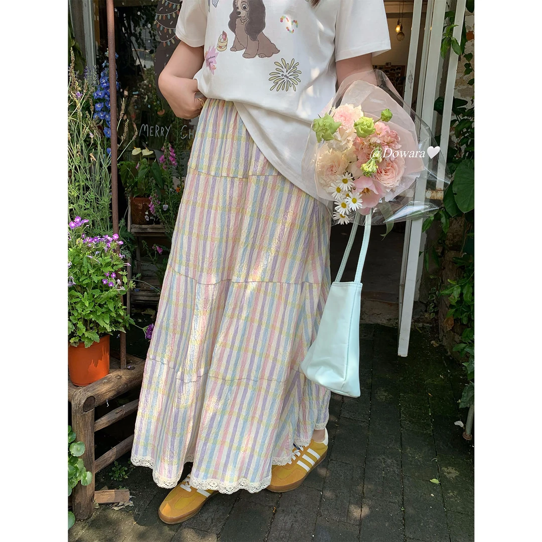 现货8038D大婉酱千千微胖定制【彩虹裙】蕾丝拼接半身裙夏高腰A字裙