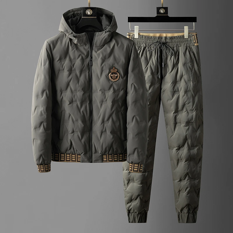 冬季抗寒加厚白鹅绒两件套个性压胶户外青年修身休闲羽绒服套装男
