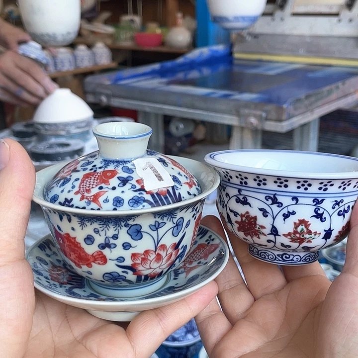 月***江青花釉下彩盖碗杯子