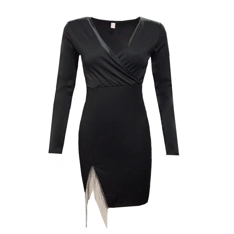 3029#V领长袖开叉短裙