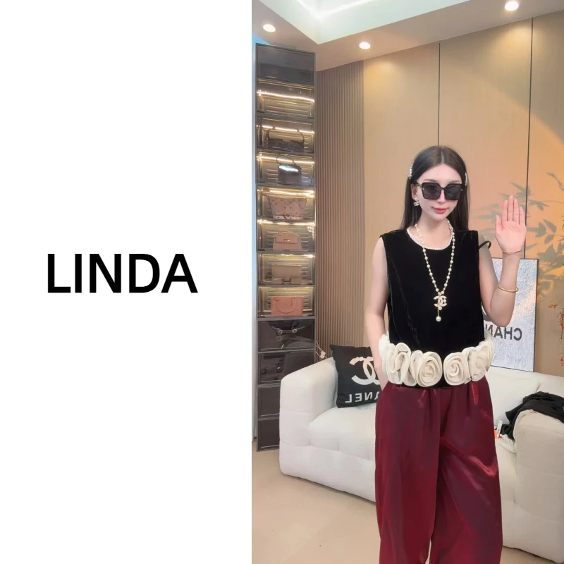 高端欧货夏高级感法式立体花朵无袖圆领丝绒背心小衫女