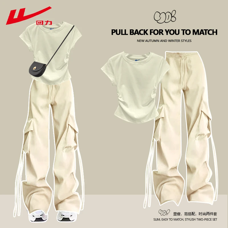 回力美式短袖t恤甜美女纯棉夏季夏装多巴胺两件套装港风工装裤子