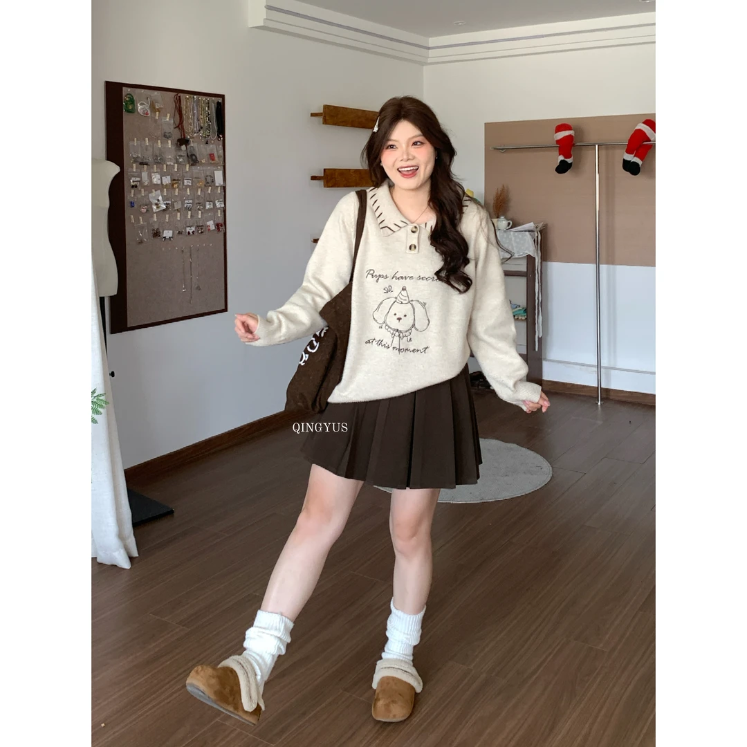 青屿衫-微胖大码冬季甜美减龄刺绣小狗撞色翻领加厚正肩套头毛衣