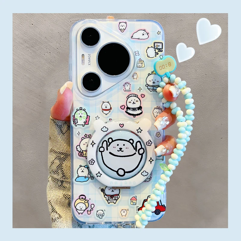 适用华为pura70pro手机壳Ultra格纹自嘲熊360度旋转支架mate70/60