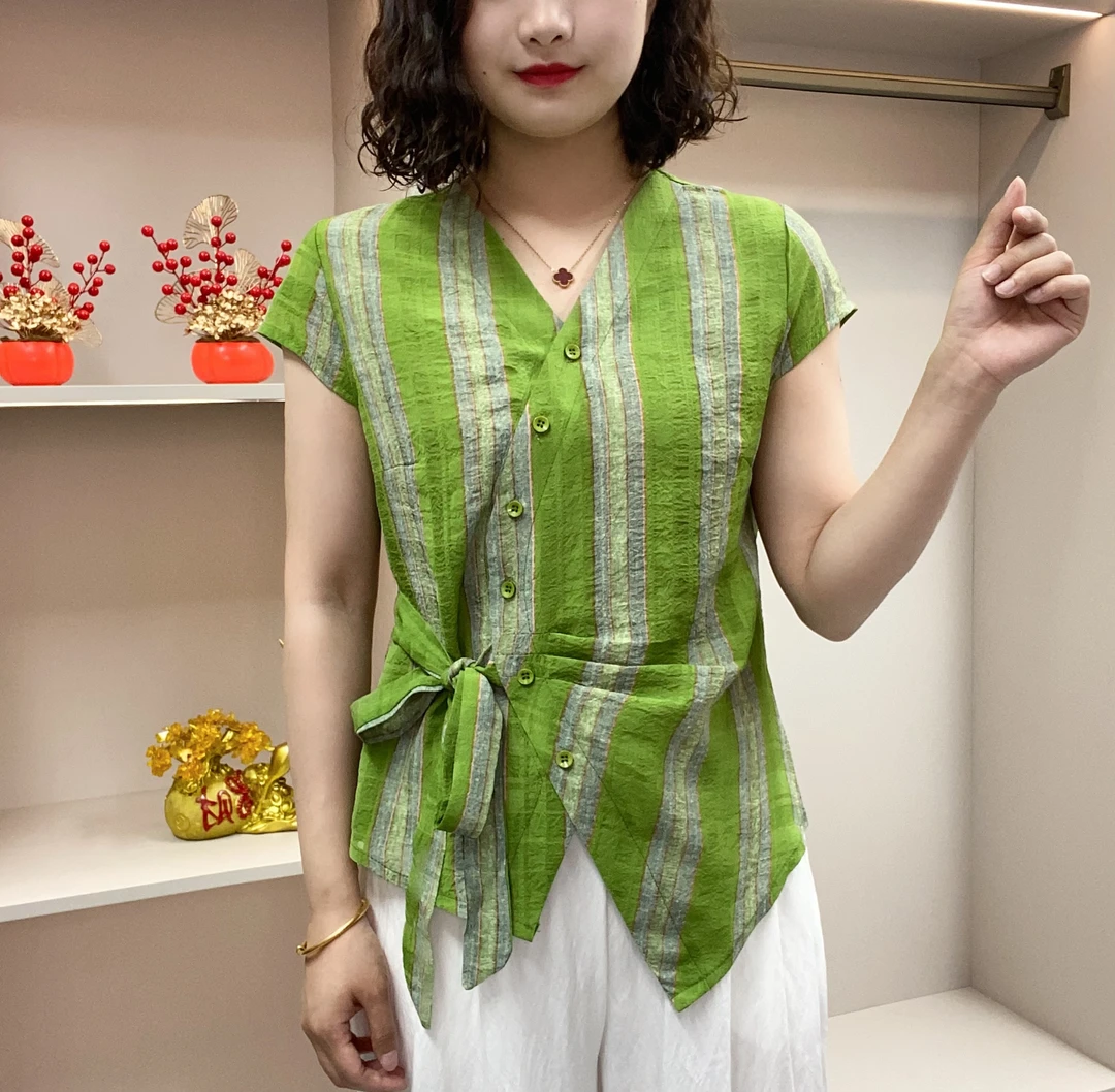 2025夏季气质时尚显瘦亲肤透气简约时尚女士短袖系绳上衣2088