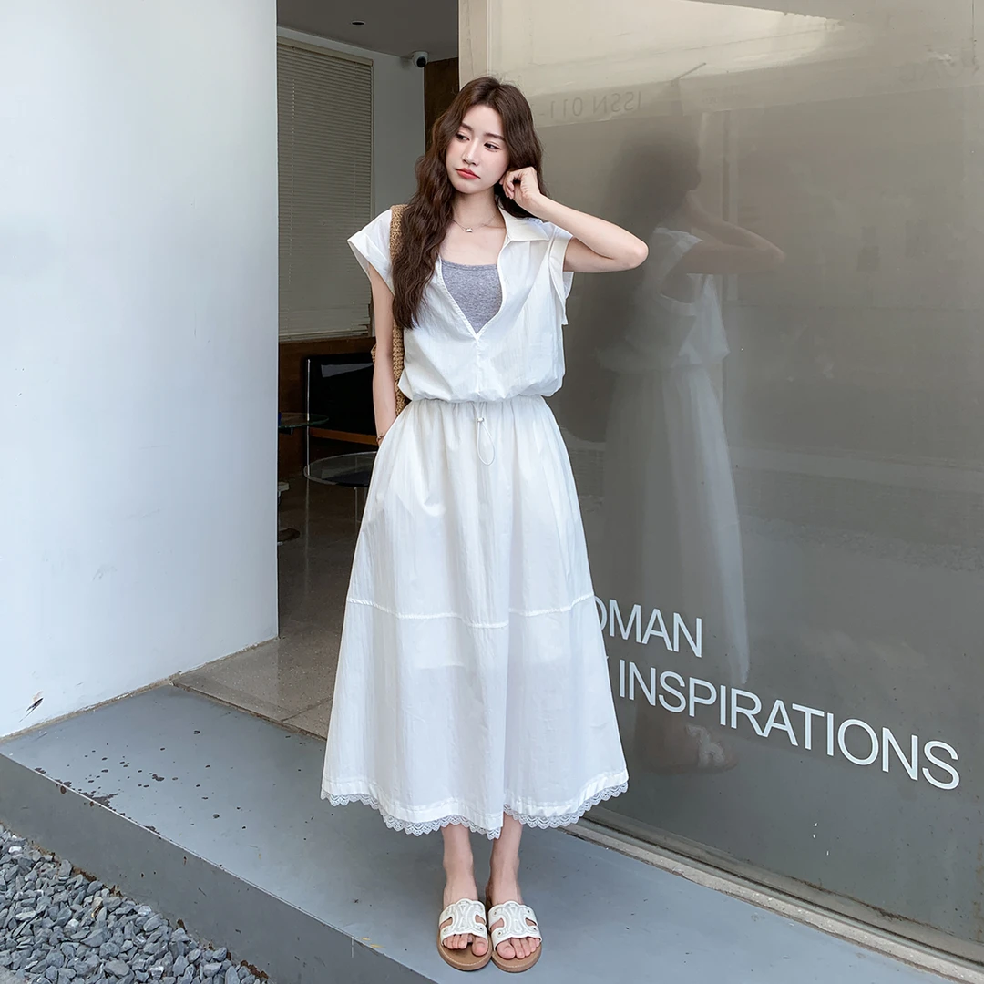 气质一整套ootd穿搭2025夏季爆款假两件衬衫上衣白色半身裙两件套