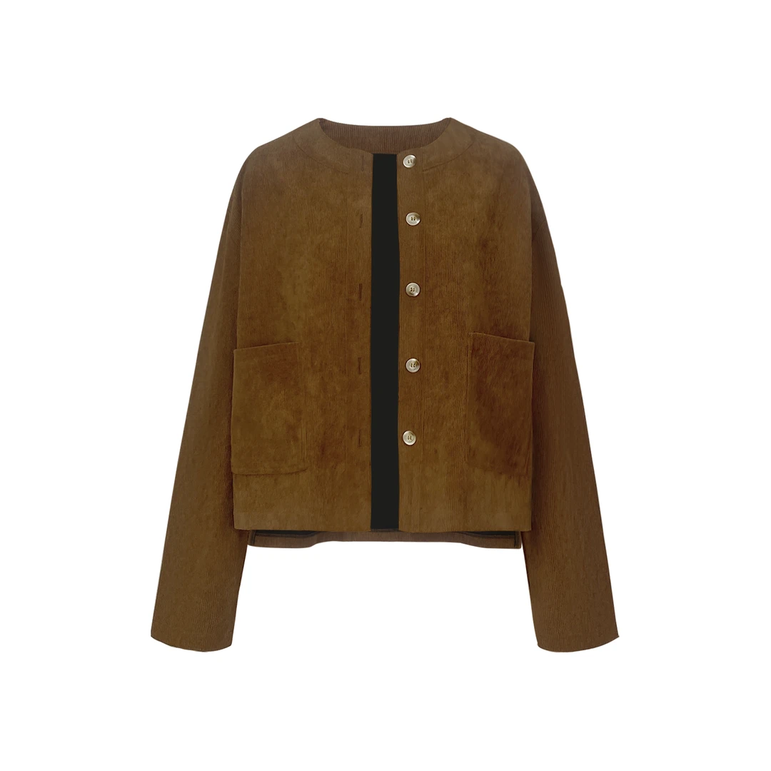 焦糖灯芯绒宽松圆领系扣外套休闲松紧腰中线阔腿长裤Z 9261#