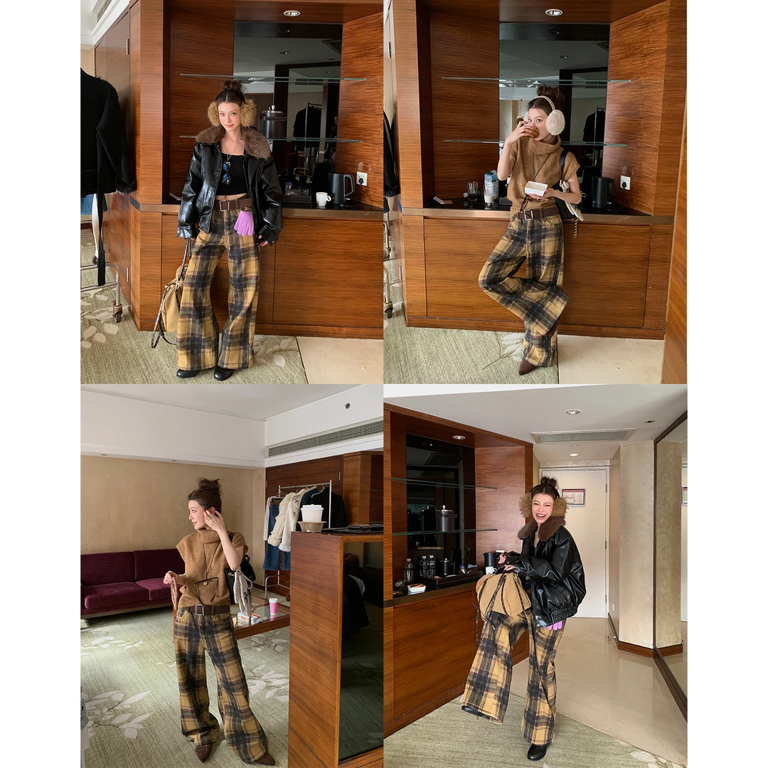 【Lazy松弛感】复绒黄色格子休闲阔腿裤4698