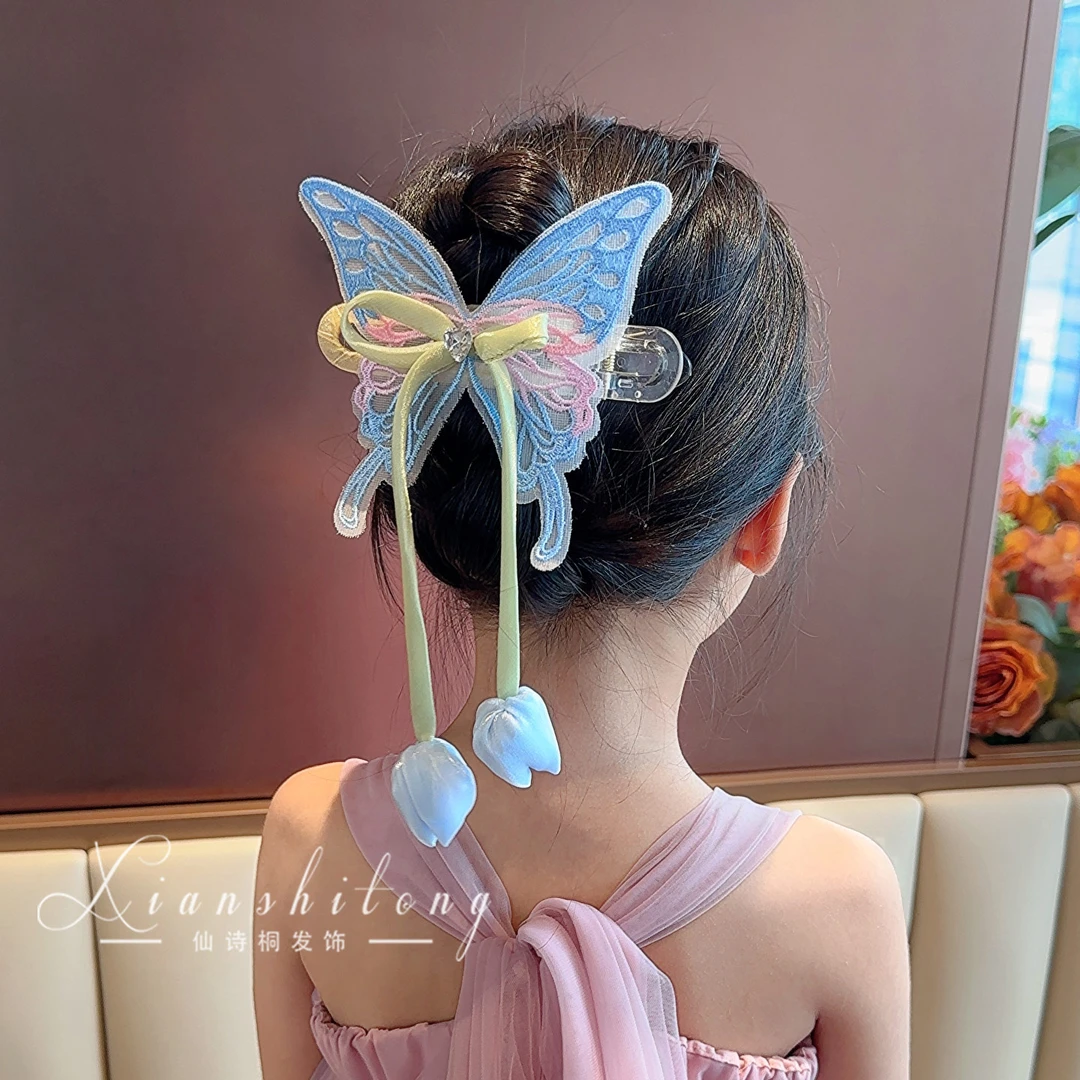 儿童郁金香蝴蝶盘发发夹女童超仙一字夹女孩2025新款高级流苏发饰