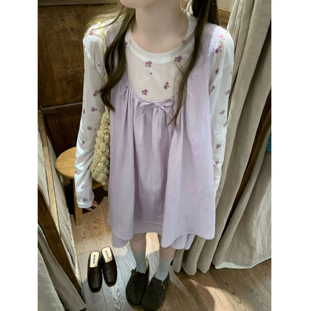 网纱紫色碎花圆领长袖防晒t恤+连衣裙浪漫蝴蝶紫色少女双层背心裙