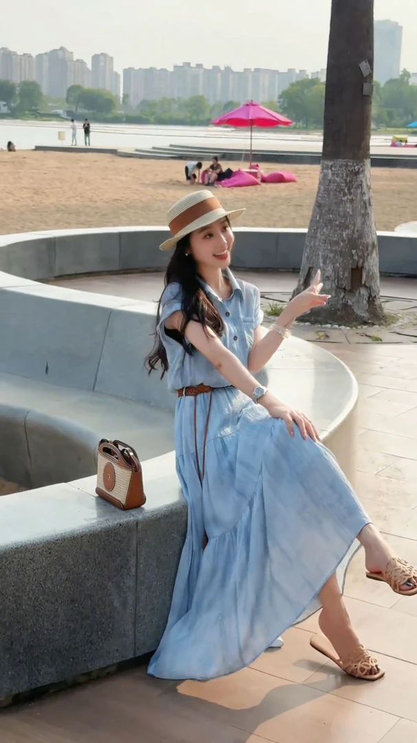 蓝色连衣裙夏季女装2025新款高级感气质休闲度假夏天假两件衬衫裙