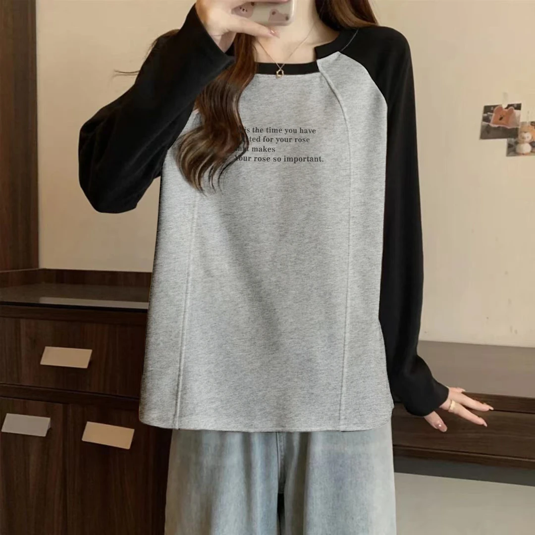 纯棉「外贸原单」春秋款·插肩长袖T显瘦圆领宽松拼接撞色百搭库301