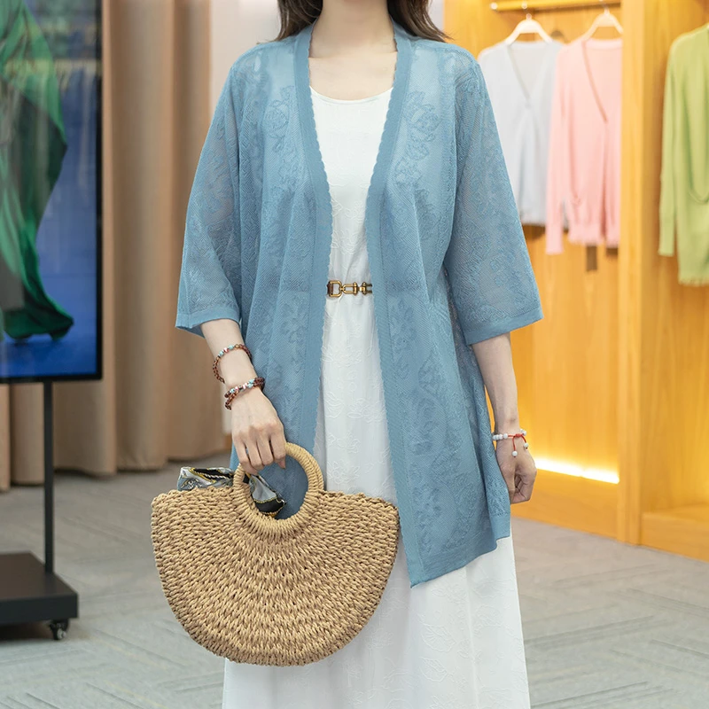 新款夏季休闲洋气百搭针织时尚上衣薄款镂空中袖宽松2506-129