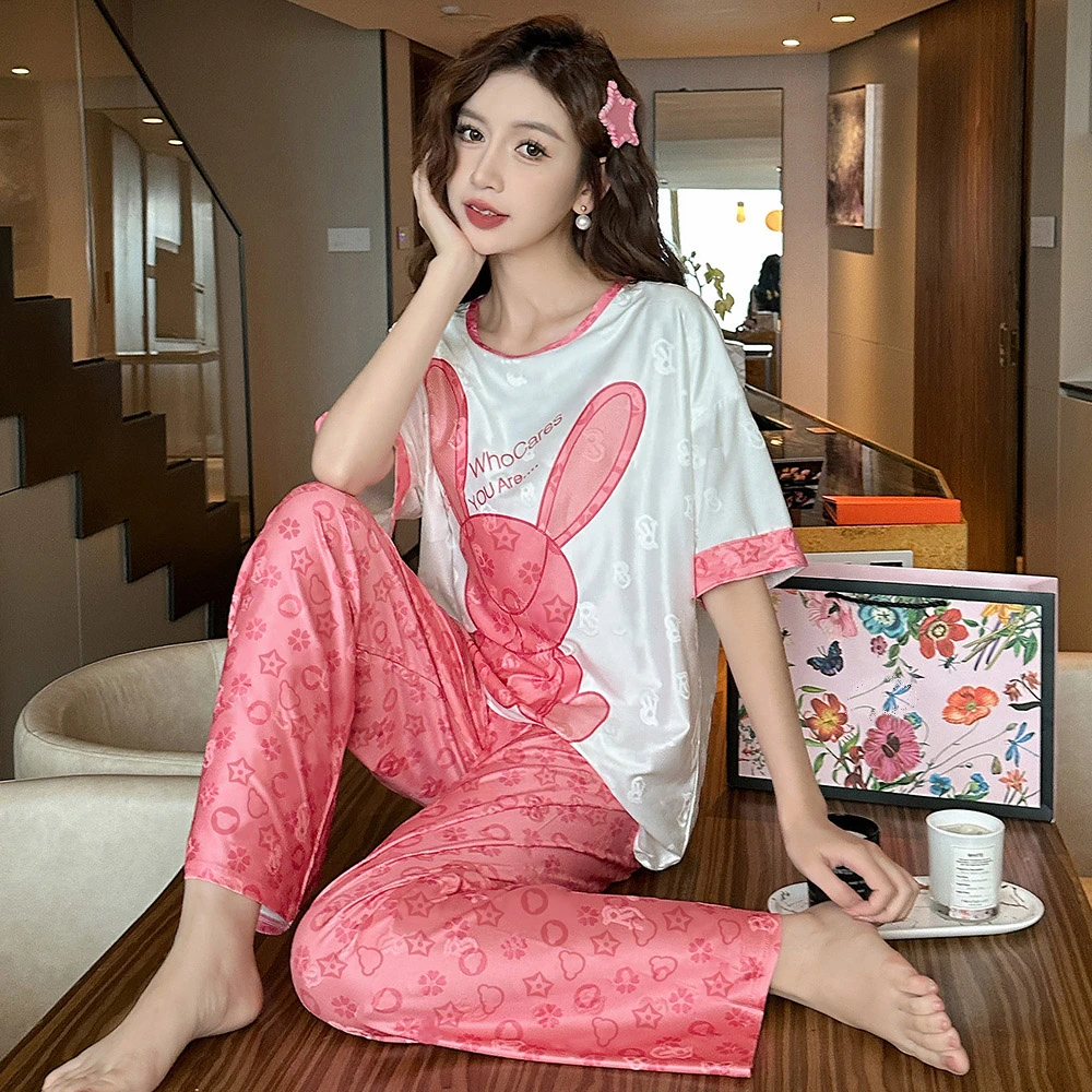 带胸垫夏季提花冰丝睡衣女短袖薄款三件套爆款卡通家居服套装夏天