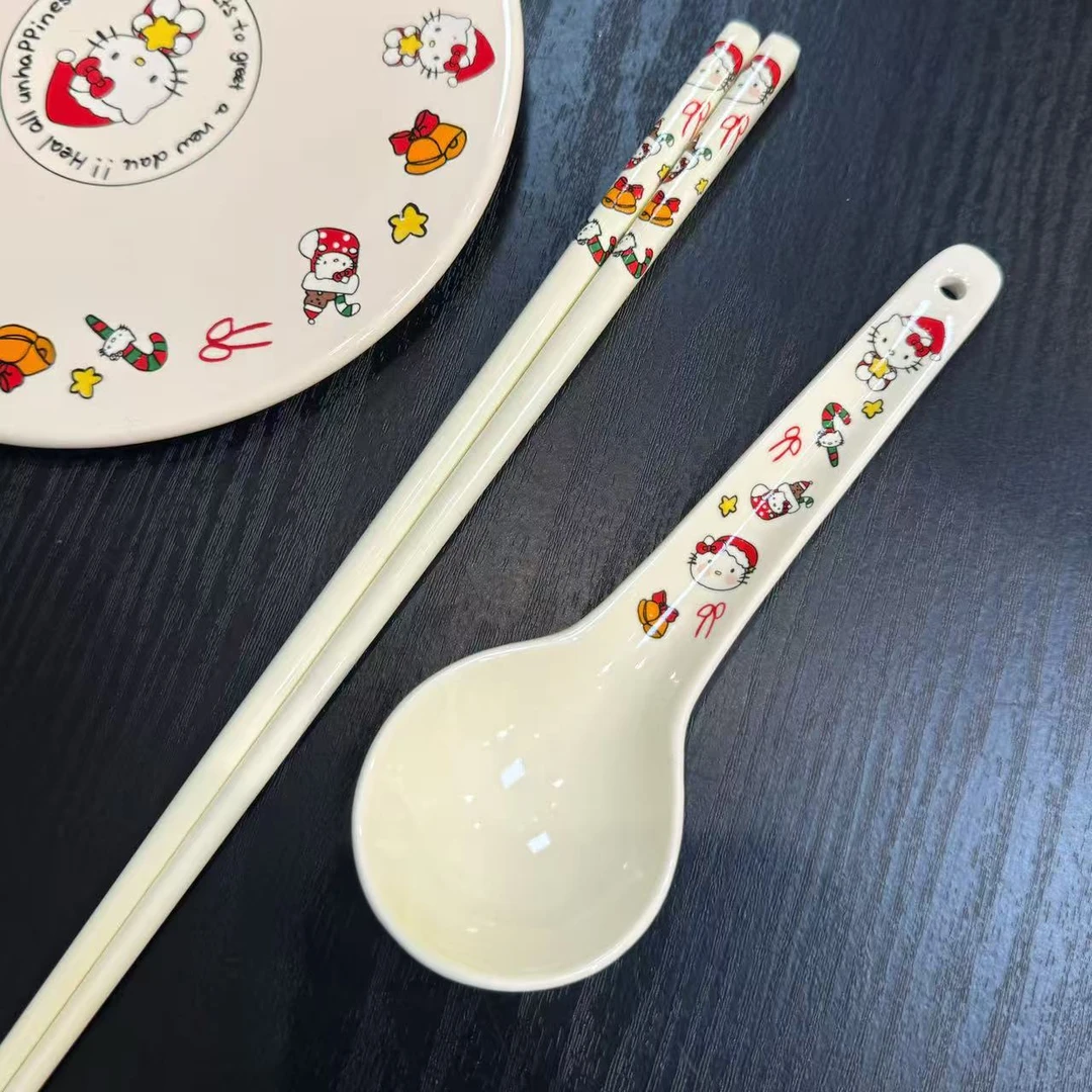 【圆和圈】出口尾单 筷子+勺子 圣诞小猫筷子 家用陶瓷餐具