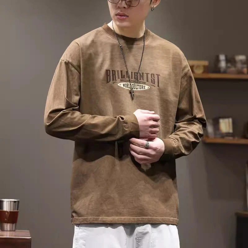 U&PURA复古洗水炒色长袖t恤男士春季潮牌印花上衣百搭舒适简约潮