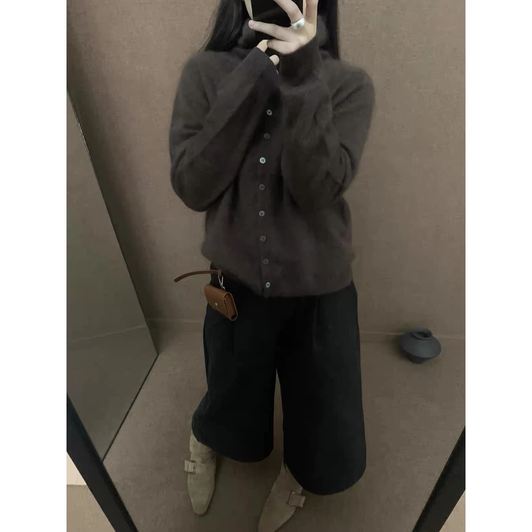 /四色老钱风/纯色羊毛拉毛高领软糯长袖纽扣开衫 衣长57 365527