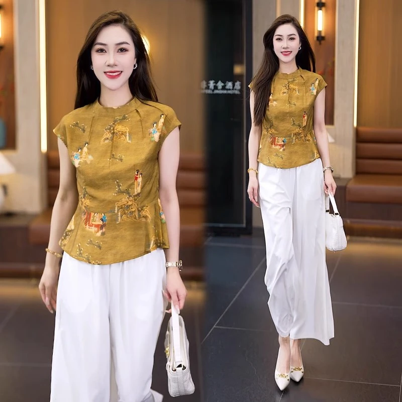 拉夏贝尔时尚套装女2025夏季时髦新中式国风上衣阔腿裤气质两件套