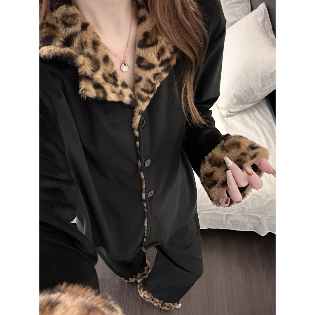 韩版高级感豹纹保暖海岛绒睡衣女冬季新款大码加厚加绒家居服套装