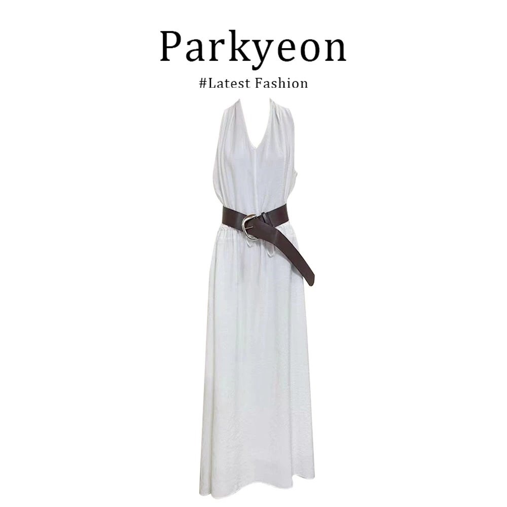 parkyeon法式辣妹风设计感百搭休闲宽松长裙子爆款V领挂脖连衣裙