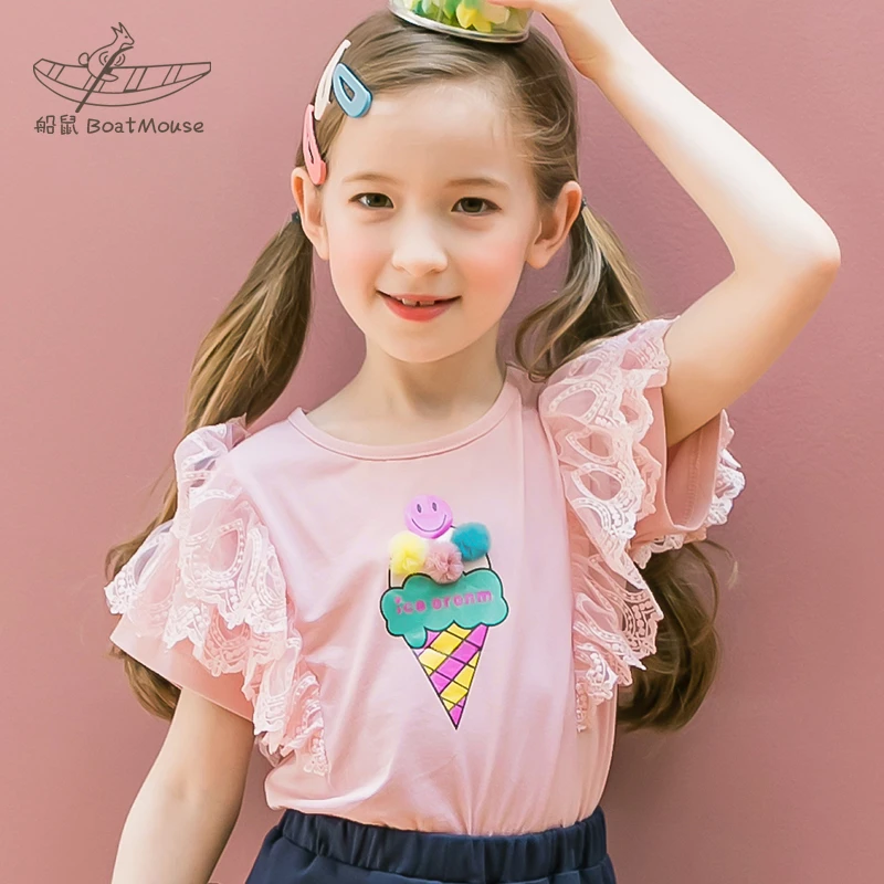 船鼠女童短袖t恤夏季纯棉薄款 印花网纱花边小女孩儿童女宝宝上衣